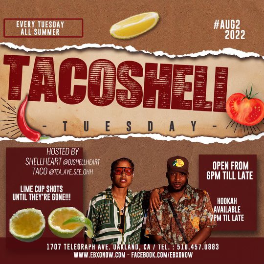 DJSHELLHEART's tweet photo. Nice vibe tomorrow! We back at EBXO TacoShell TUESDAY! Slide through come say HI grab a drink slide on the tacos ! It’s August 💚🎈6pm @_Taco_Meat 🌮🐚 https://t.co/ki8iofflco