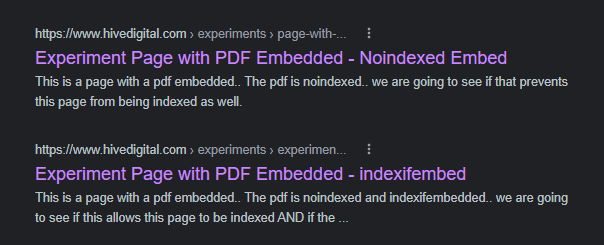 jakebohall's tweet photo. So far...  

Both pages are indexed... Was definitely under the impression this tag was solving a problem where the page embedding could get noindexed because it was embedding the noindexed content... https://t.co/cNIOsZOliD