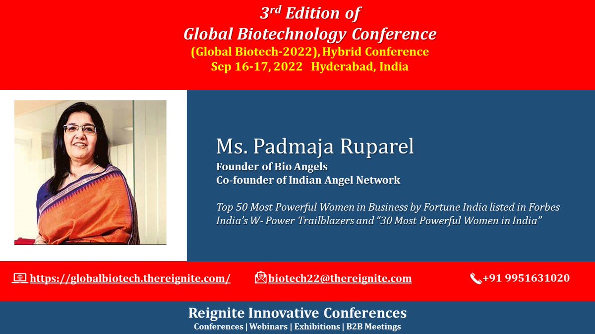 ReigniteConf's tweet photo. Top 50 Most Powerful Women in Business by @FortuneIndia listed in @ForbesIndia’s W- Power Trailblazers and “30 Most Powerful Women in India”
@padmajaian  going to give a #Delegate talk at GlobalBiotech2022  @ianetwork @bio_angels  #biotechnology #biotech #startup #entrepreneur https://t.co/iKoxf27wPv
