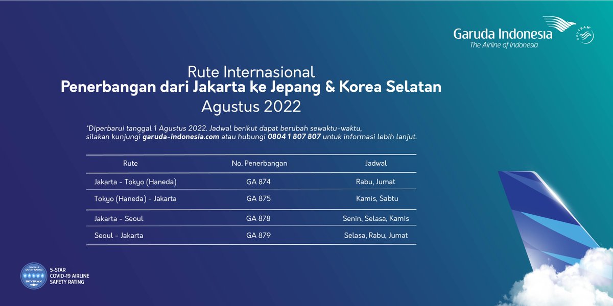 IndonesiaGaruda's tweet photo. Yuk, jelajahi kebudayaan negara lain bersama Garuda Indonesia. Berikut jadwal penerbangan kami ke beberapa negara selama bulan Agustus 2022
Pesan tiketnya melalui aplikasi FlyGaruda terbaru atau https://t.co/uhlNsEEHmM
#GarudaIndonesia #BecasueYouMatter #ItsYouThatKeepUsFlying https://t.co/K19QE40cFN