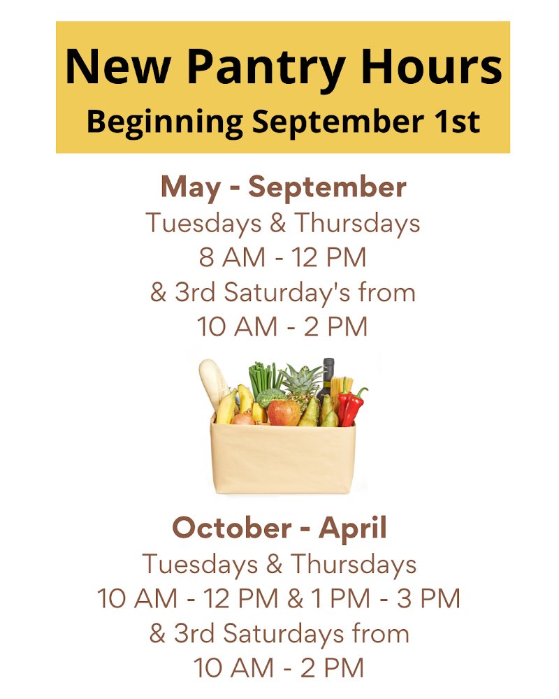 our_pantry's tweet photo. Please see new hours - beginning September 1st. Volunteers are always needed. Services are available to everyone in need. There are no income requirements. We are here for you.
#pantry #onfp #ONFP #newhours #newhoursofoperation #saffordaz #grahamcounty #gilavalley #foodsecurity https://t.co/1SIuVOHM94