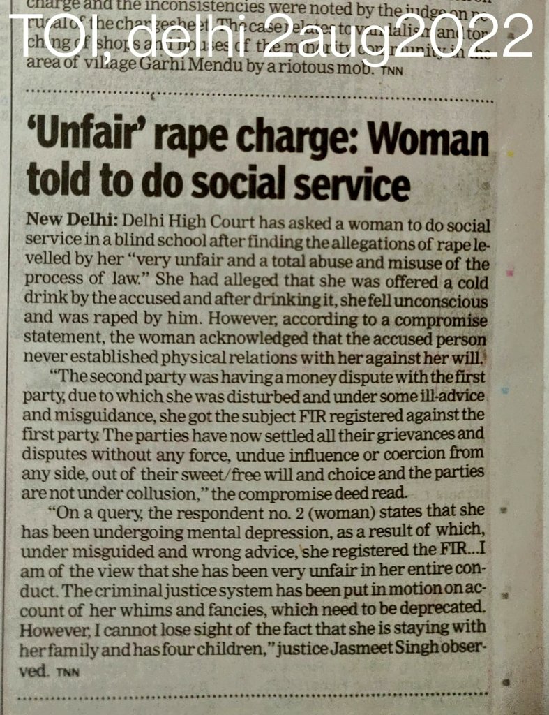 Ever seen courts asking a man to do social service as punishment for committing rape because he has "four children" ??

Well that's the punishment Delhi High Court has given to a woman who filed a #falserape case over a property dispute!!!