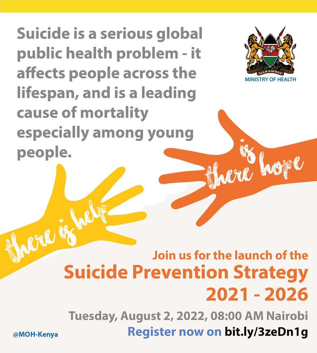 Let's today  join @MOHmentalhealth  in launching the suicide prevention strategy 2021_2026
#sucideprevention
#sucidepreventionstrategy
@BasicNeedsKenya 
@qualityrightske
@Afya_360 
@Difu_Simo 
@AKU_BMI 
@MaryBitta 
@Eliezer_KE 
@dennism_musyoki