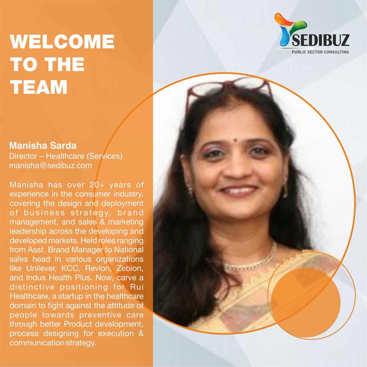 We are delighted to #Welcome Manisha Sarda at #Sedibuz as #Director, Healthcare Services. Please join us welcoming her on-board. Reach her at manisha@sedibuz.com
#healthcareinnovation #health #healthandsafety #healthandwellness #welcometotheteam #welcomeonboard
<a href="/SHRIKUN6/">Kiran Deolalkar</a>