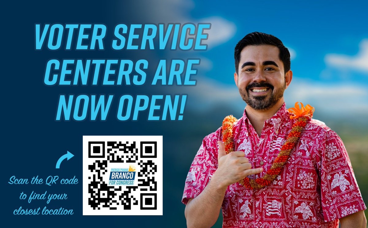 VoteBrancoHI's tweet photo. It’s now easier than ever to vote Branco! 

There is now the option to vote in person at a voter service center through August 13th.

Not sure where your nearest voter service center or ballot drop box is? Find out here: https://t.co/jNuuo2Mt8a https://t.co/3UxSyG6lJY