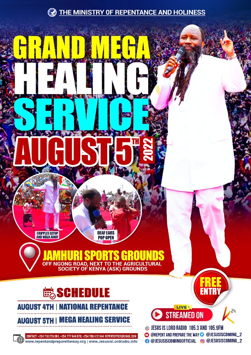 KikwaiJuliuss's tweet photo. You're welcome on August 4th for National Repentance Meeting and on August 5th for The Grand Mega Healing Service at Jamhuri Sports Ground in Nairobi. {2nd Chronicles 7:14}

A Call For Kenya To REPENT and seek for PEACE &amp; RECONCILIATION.

Live 👉 @K24Tv | @K24Plus | #KenyaRepents https://t.co/J6H9Qg8Kwf