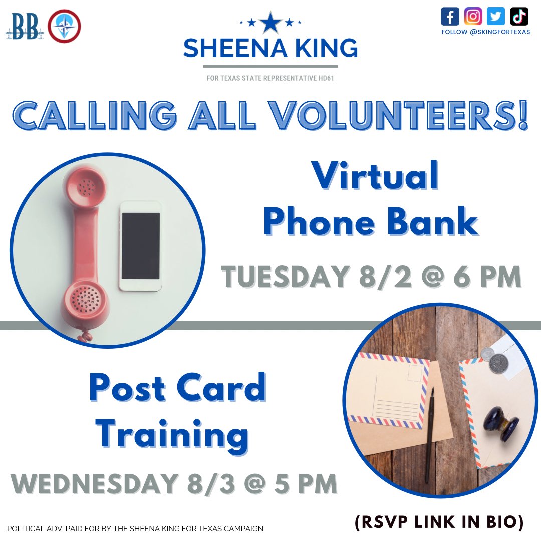 Looking for a way to virtually volunteer? Join us for Phone Banking &amp; Post Card Writing THIS WEEK! 

RSVP for details: linktr.ee/Skingfortexas 

<a href="/RoadmapProgress/">Roadmap for Progress</a> <a href="/buildbridges4am/">Building Bridges for America</a> 
#SheenaKingForTexas #HD61 #CollinCounty