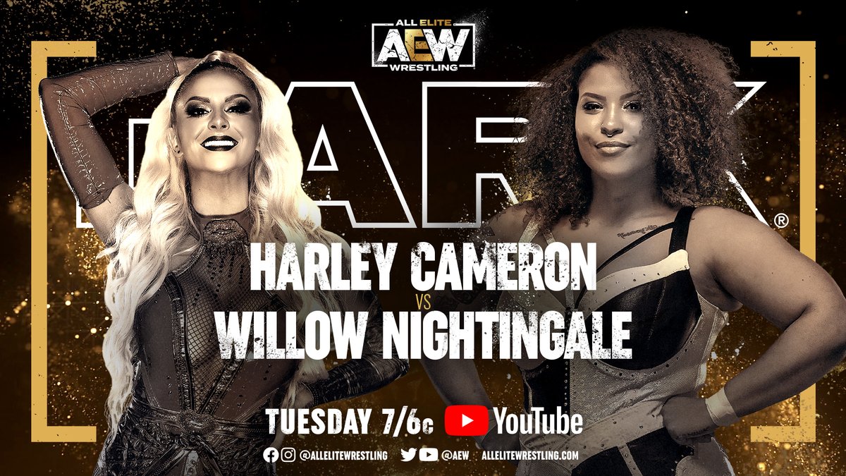 AEW's tweet photo. #AEWDark is TONIGHT at 7/6c on https://t.co/lBSV4rTE11!
-@DiamanteLAX v @Rockyradley
-@TheParkerB_ v @KingSerpentico
-@WillowWrestles v @itsdanni_ellexo https://t.co/GocoGB9fLD