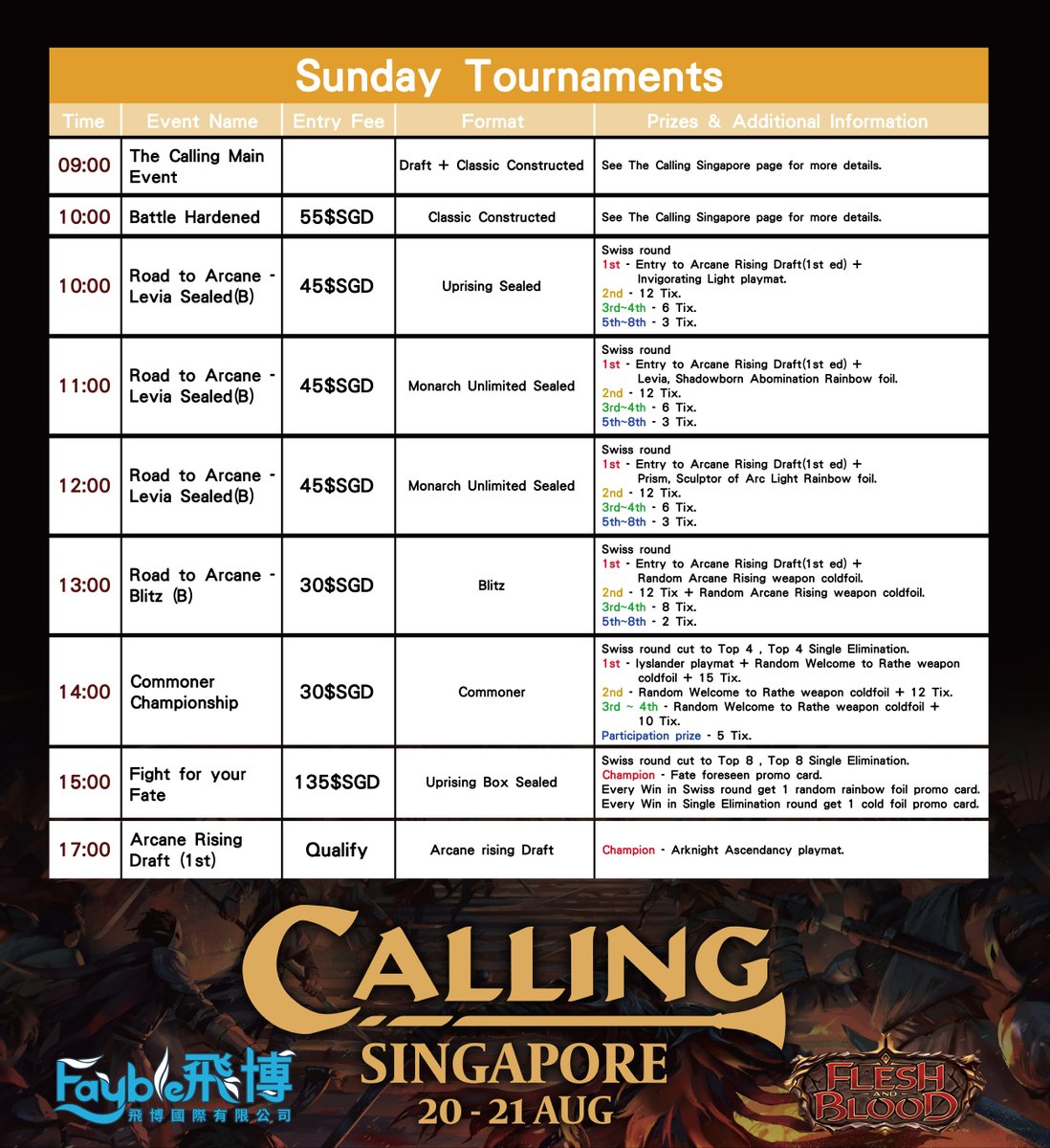 FaybleTcginfo's tweet photo. #CallingSingapore #SideEvent
The schedule of the Side Event is announced, and various exciting tournament are waiting for you to participate!
https://t.co/TrAwEsgXUt
#fabtcg #Fayble #飛博國際文創 https://t.co/ELy3pCj6TN