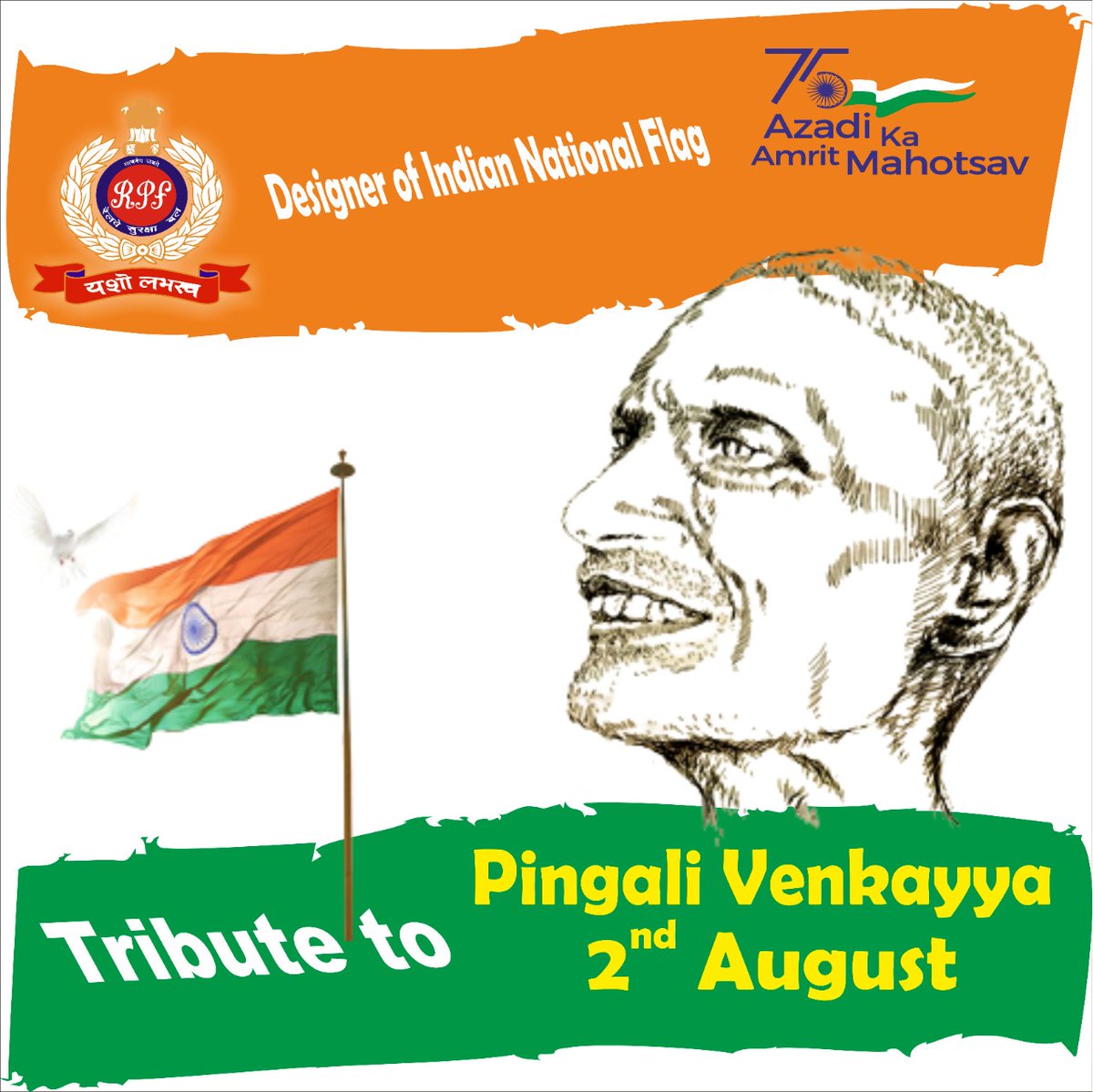 RPF_INDIA's tweet photo. National Flag is the identity of a nation which symbolises its history &amp; culture.
Freedom Fighter #PingaliVenkayya, gave this identity.

Remembering the designer of India’s national flag on his birth anniversary. A grateful nation salutes him🙏.
#Tiranga🇮🇳

@RailMinIndia https://t.co/mrEMqE2Yty