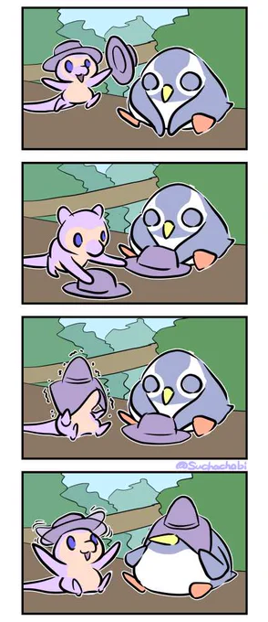 831日目 ペンギンのぬいぐるみに帽子をプレゼントするキノボリカンガルー.jpg 