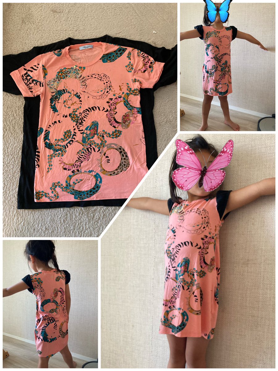 swallows_wada's tweet photo. サラサラのレディースブランドTシャツを、子供120サイズのミニワンピースにリメイクしました。袖も黒Tシャツの���を利用。ブランディアの素晴らしい取組み。新しい趣味が出来ました。#ハンドメイド #ブランディア #廃棄0プロジェクト #リメイク https://t.co/NPohY1aPp8