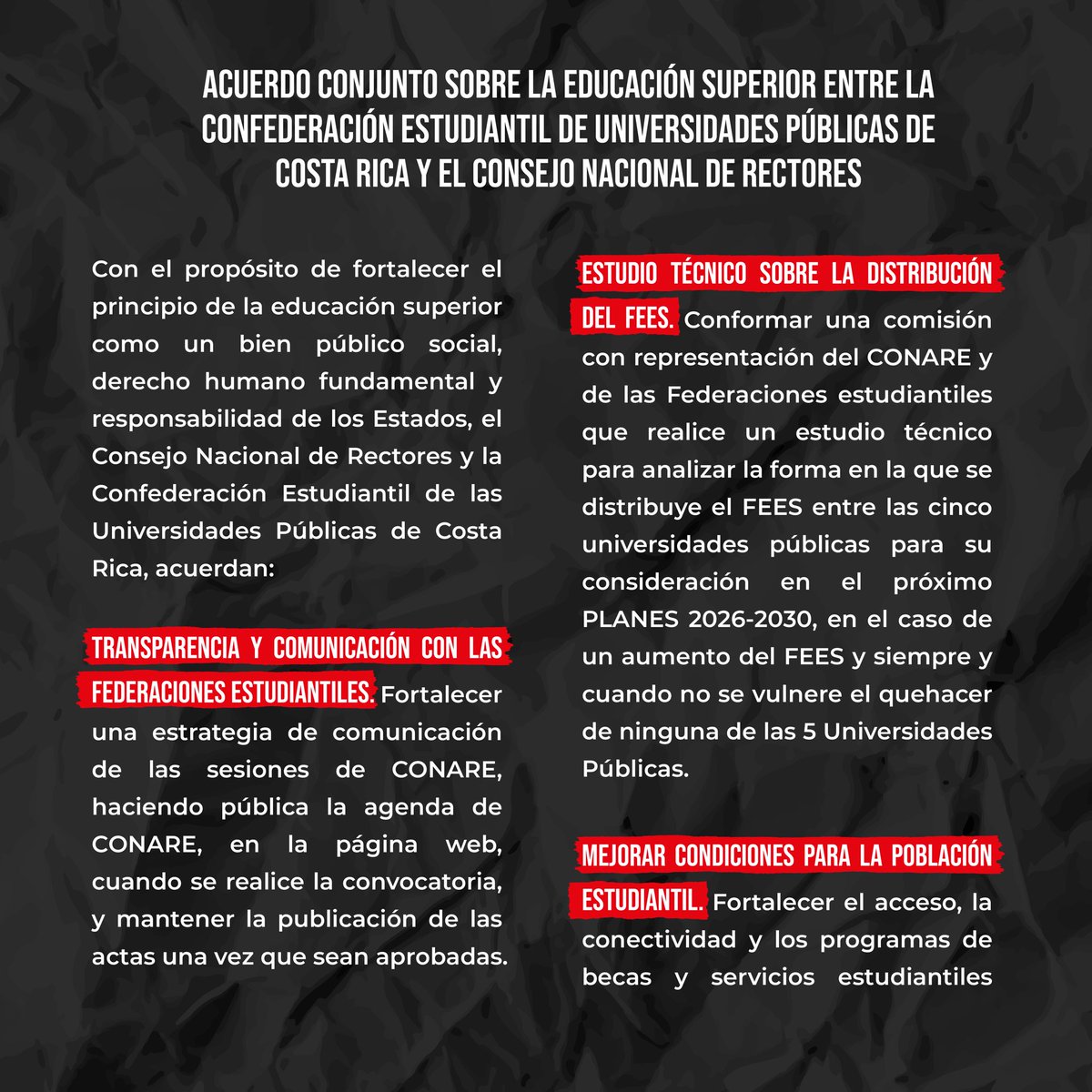 FEUNA_CR's tweet photo. 🚨 ¡Información importante! 🚨
Te compartimos el acuerdo entre Las Federaciones y Las Rectorías de las U Públicas sobre temas de trascendencia de las instituciones, entre ellas el ajuste necesario a las becas, evaluación docente y regionalización.
#FEUNA https://t.co/iXZU0ejZz3