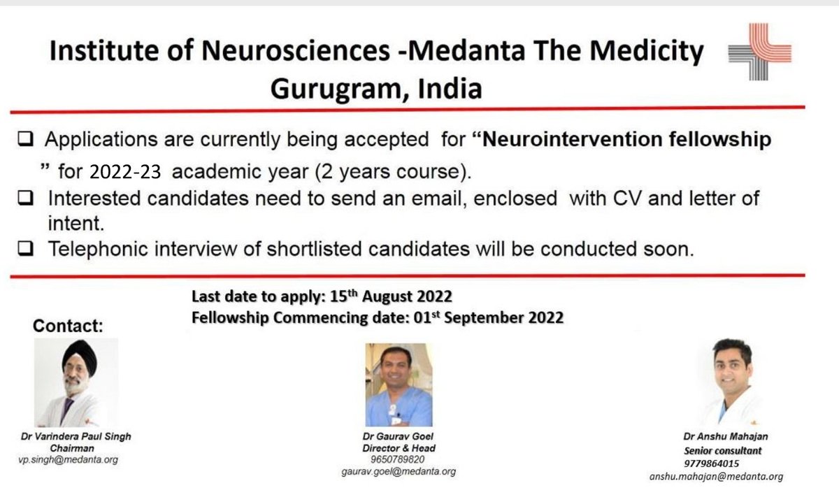 Applications are invited for Neurointervention Fellowship at Medanta Hospital Gurgaon for the academic year 2022-23. <a href="/drgauravgoel27/">Gaurav Goel</a>