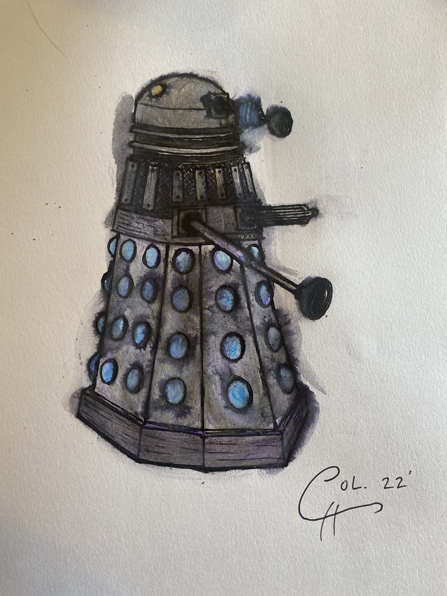 NewToWhoPodcast's tweet image. A wonky dalek I gone and drawed. With pics. Much love, sweet dorks! Col💙