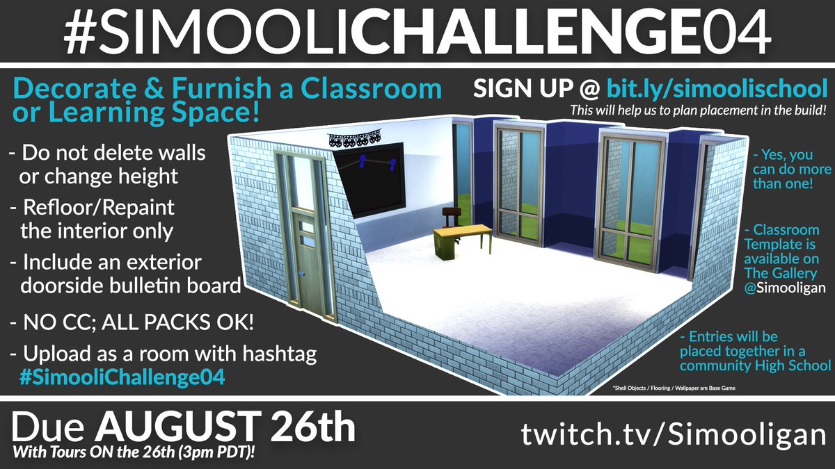 simooligan's tweet photo. #SimooliChallenge04 - FURNISH A CLASSROOM - All entries will be part of a Community High School build! DUE AUG 26th! SIGN UP @ https://t.co/XT4cBONwEu so we can keep track of classroom types and diversify! YES, you can do more than one @Retrolark1! #Sims4 #FurnishChallenge #TS4 https://t.co/OVgUQ9srTc