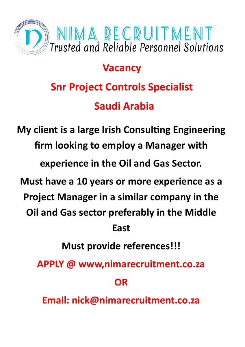 NimaRecruitment's tweet photo. VACANCY - SNR PROJECTS CONTROLS MANAGER - OIL AND GAS - SAUDI ARABIA #jobsearch #jobs https://t.co/8RCPQumLyP