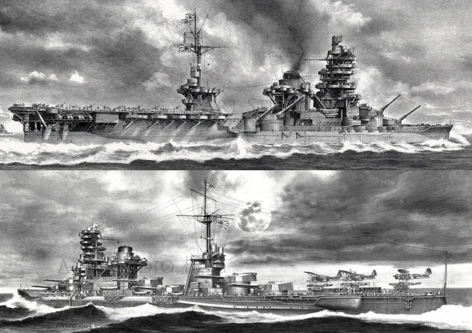 【#大観艦式2682】#遊就館 で展示中の伊勢型戦艦を描いた2作品。航空戦艦となった「伊勢」を描いた「天睨む玄武の如く-航空戦艦 伊勢 2604-」(上)、純然たる戦艦の姿の「日向」を描いた「摩天の海城 -戦艦 日向 2602-」(下)。ぜひ会場で、お近くでご覧ください。
#鉛筆艦船画 #菅野泰紀 