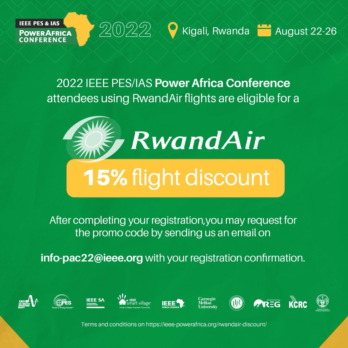 PowerAfrica22's tweet photo. Flight discount for attendees of IEEE Power Africa Conference 🌟

#ieee #powerafrica #sustainabledevelopment #cleanenergy #electricvehicles #conference  #REG #UniversityofRwanda #RwandaConventionBureau #AfricaConference #Kigali #Rwanda https://t.co/Nkvbky3xYM
