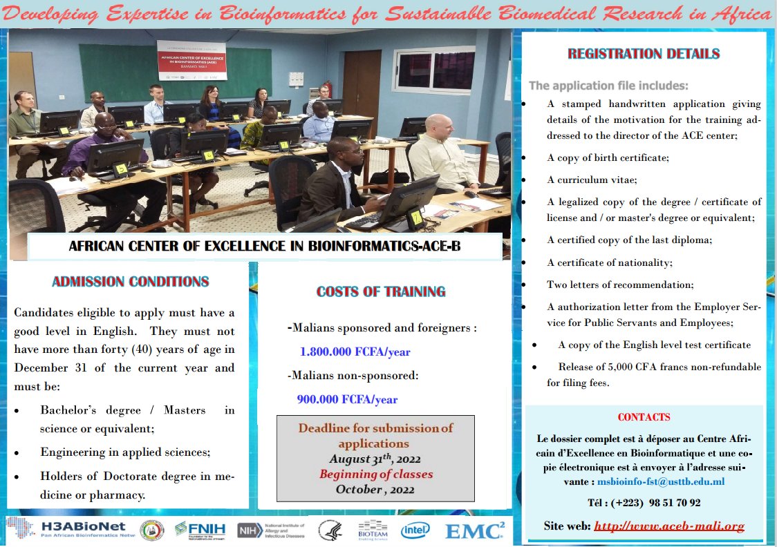 H3ABioNet's tweet photo. Opportunity alert🚨

ACE-B/USTTB is recruiting a Master of Bioinformatics candidate.

📍Bamako, Mali

See flyer for application details and closing date👇 https://t.co/C0f0jhmQ81
