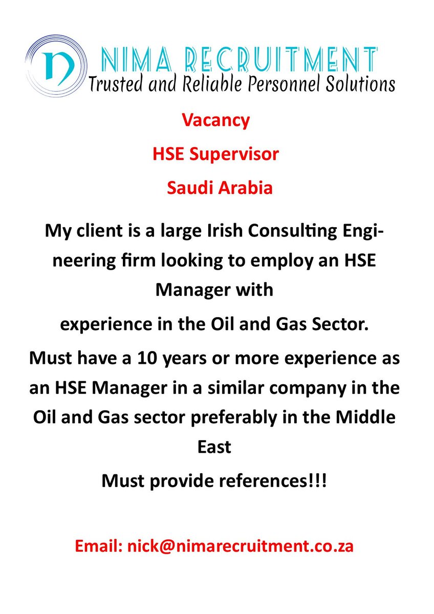 NimaRecruitment's tweet photo. VACANCY - HSE MANAGER - OIL AND GAS - SAUDI ARABIA #jobsearch #Jobs https://t.co/AN6IxPnDmH