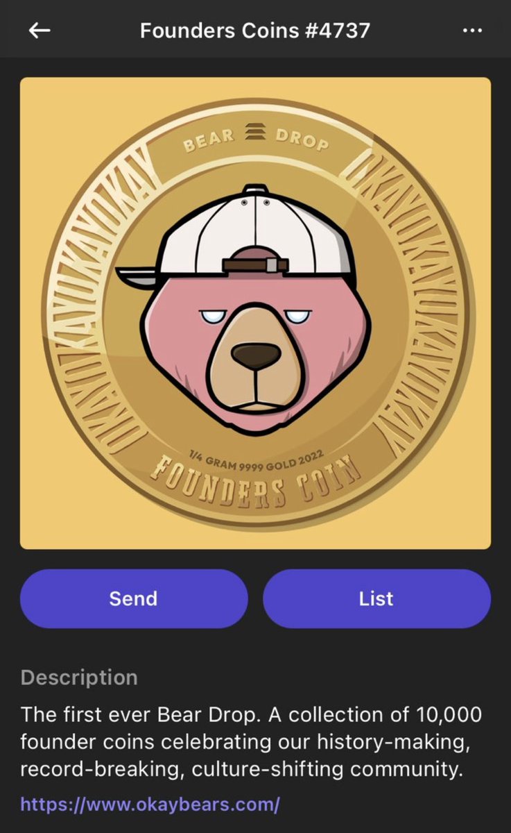 okaybears's tweet photo. 🚨 As you receive your Bear Drops, remember to stay safe and do not interact with any NFTs without checking their validity.

The Founders Coins look like the attached image and contain one link back to our official website.

🚨 For safety, please do not interact with any links. https://t.co/bzRVlaJzvE