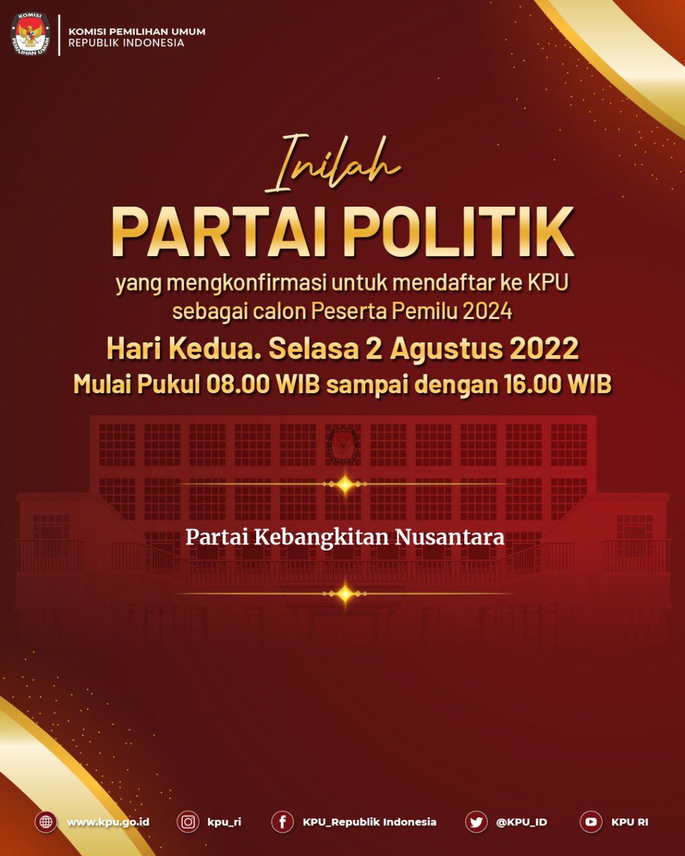 #TemanPemilih, inilah Partai Politik yang mendaftar ke KPU sebagai calon Peserta Pemilihan Umum Tahun 2024, Hari Kedua, Selasa tanggal 2 Agustus 2022 mulai pukul 08.00 sampai dengan 16.00 WIB.

#KPUMelayani
#PemiluSerentak2024