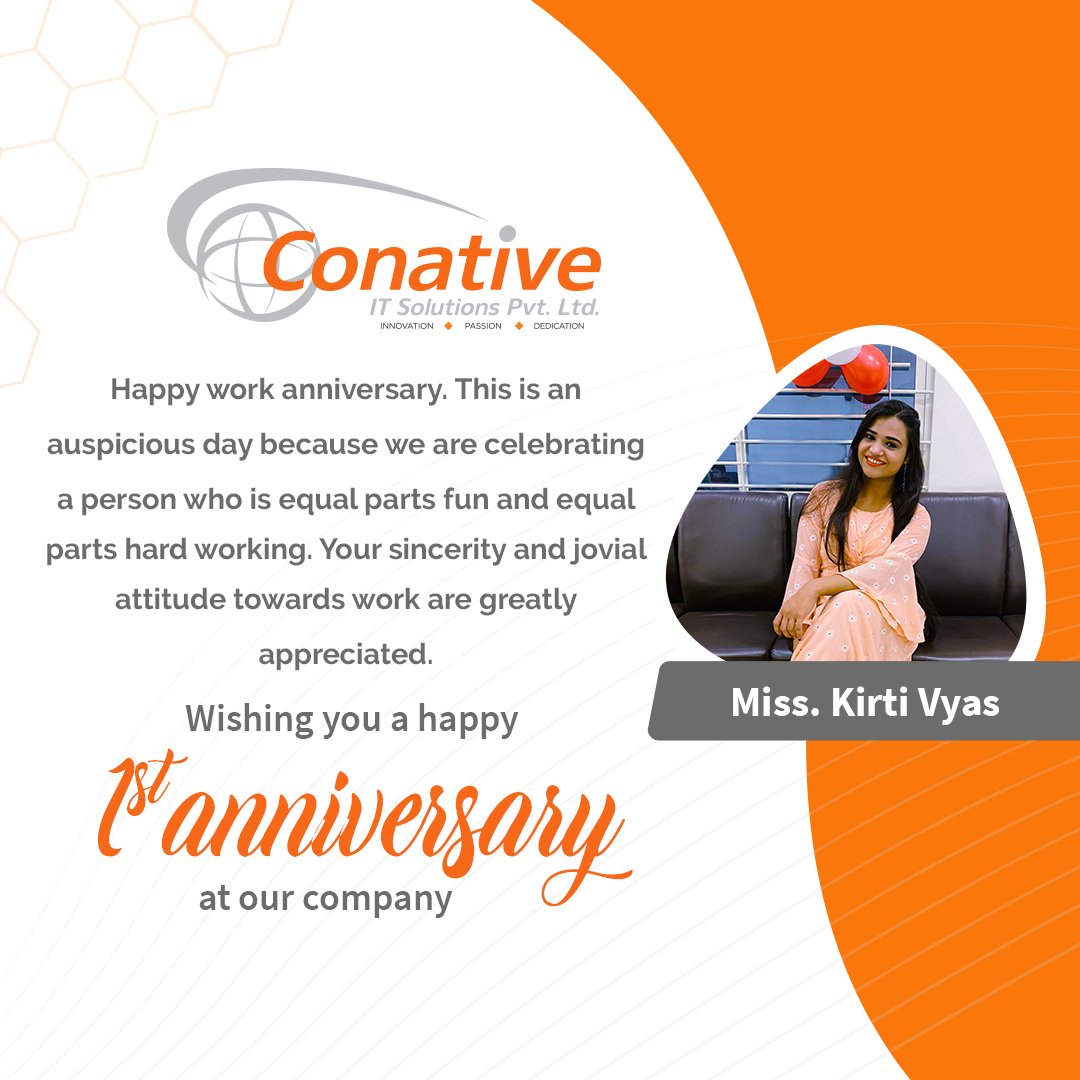 CITSINDORE's tweet photo. Congratulations on your work anniversary with us! Your hard work is on display every day, and we truly appreciate your dedication.

Wishing a very Happy Work Anniversary to Ms. Kirti Vyas !! 🎁🥳🍫🥂

#workanniversary #1stworkanniversary #conativeemployee #conativeitsolutions https://t.co/TfR9A2y3df