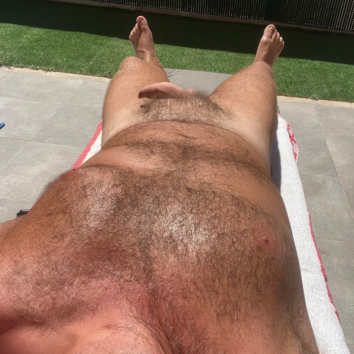 JudiHench's tweet photo. When it’s just too hot and you don’t care if your neighbours look. #sunbathenaked #nakedman #NaturistLifestyle #NakedBros #hairybear #nudistworld https://t.co/voOwC0s27d
