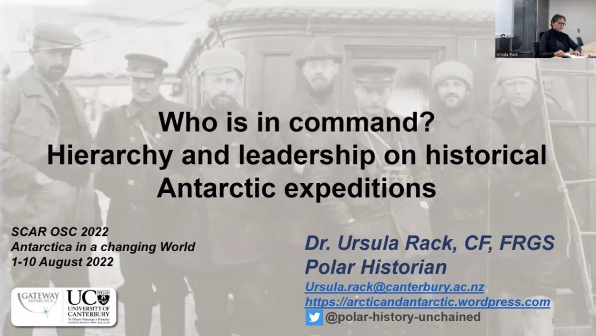 WideWhiteStage's tweet photo. Now we hear from Dr @UrsulaRack about #leadership on historical #Antarctic expeditions (eg. Gauss).
There are complex interactions between #Captain, #ExpeditionLeader, #Scientists, #Officers + #crew, which can lead to conflict! #SCAR2022 https://t.co/9dCBEViFfi