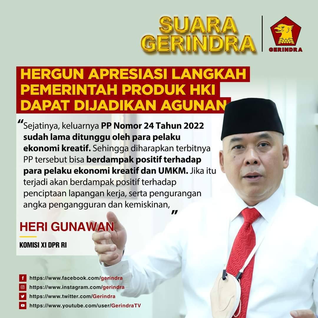Anggota <a href="/DPR_RI/">DPR RI</a> Komisi XI, <a href="/HeriGunawan88/">Heri Gunawan</a> mengapresiasi langkah pemerintah yang mengizinikan produk kekayaan intelektual dapat dijadikan agunan untu mengajukan kredit ke bank maupu lembaga jasa keuangan lainnya. #SuaraGerindra