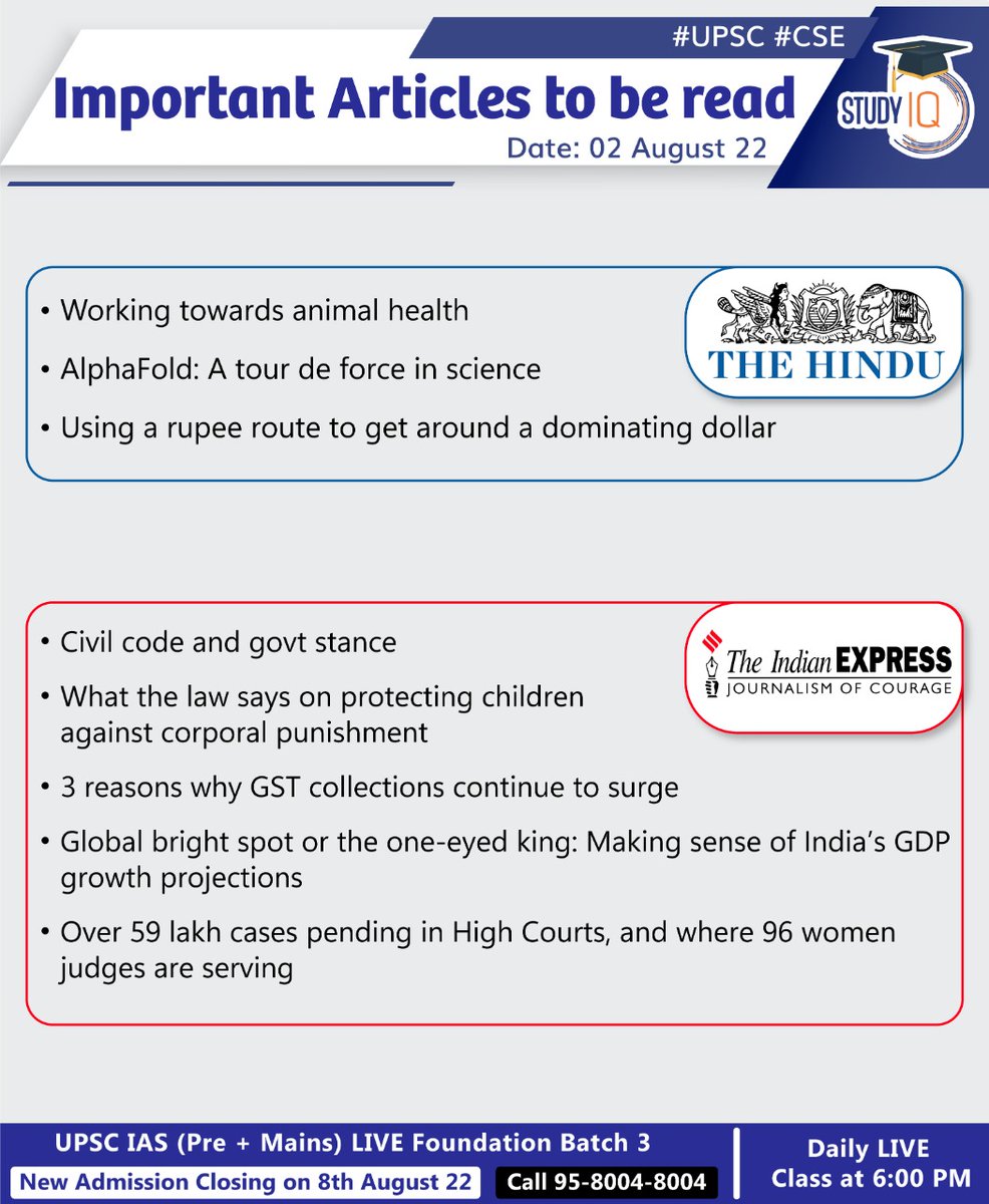 Newspoket's tweet photo. #Important #Articles to be #Read
#animalhealth #alphafold #science #civilcode #govtstance #rupee #dollar #children #corporal #punishment #gst #surge #collections #gdp #growth #globalbright #highcourts #womenjudges #growthproject #thehindu #theindianexpress #importantarticles https://t.co/pM9xsOO1kG