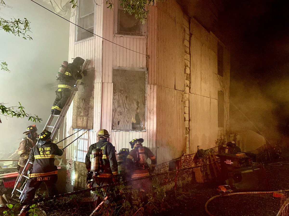 DCFD Firefighters had a tough time in fighting a 2 Alarm fire at 2241 Douglas St NE ... Fire all floors and pac rat conditions
