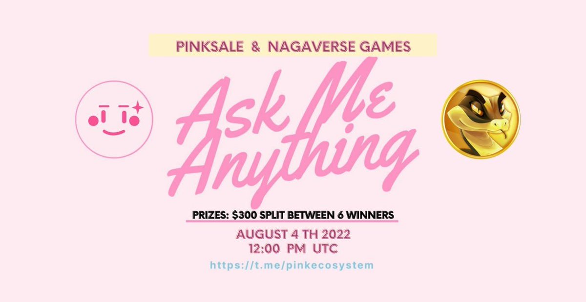 🔥 Upcoming NagaVerse Games AMA!

✅ Event: NagaVerse Games voice AMA
✅ Where: t.me/pinkecosystem
✅ When: 4th August  12:00PM UTC
✅ Prize: $300 split between 6 winners 

👉 TG: t.me/NagaVersegames…

👉 Web: naga.versegames.io
