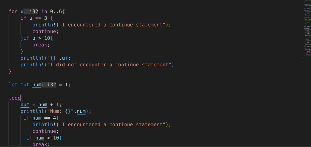 mychcoder's tweet image. Day 22 of #100DaysOfCode 

Learned how to use the &quot;continue;&quot; statement for loops and also learned about Nested loops in #rustlang 

Up Next: Loop Labels