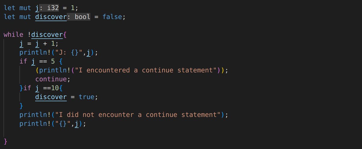 mychcoder's tweet image. Day 22 of #100DaysOfCode 

Learned how to use the &quot;continue;&quot; statement for loops and also learned about Nested loops in #rustlang 

Up Next: Loop Labels