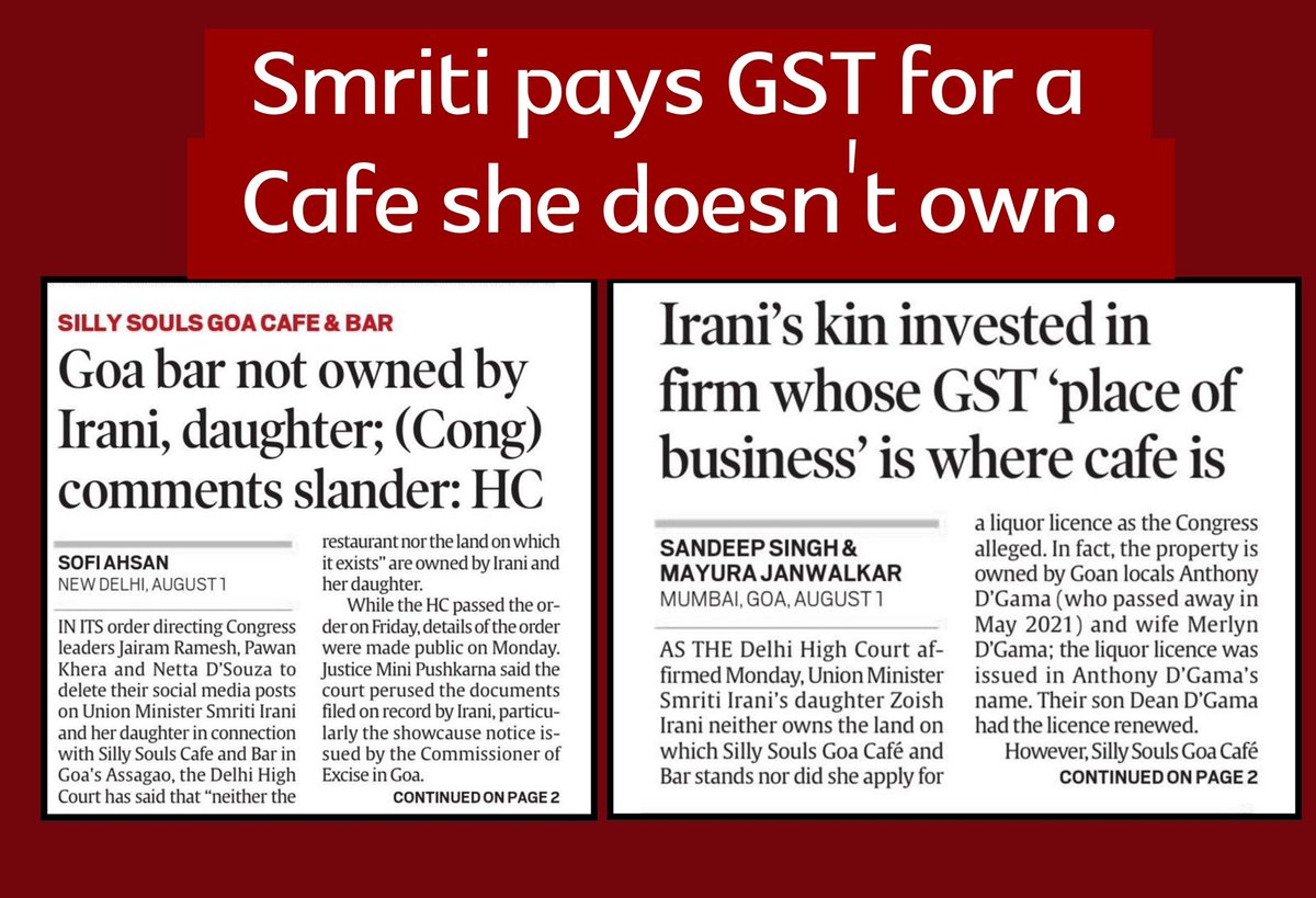 SpiritOfCongres's tweet photo. Govt wants us to believe Smriti Irani pays GST for a cafe she doesn't own... 🤣🤣🤣 https://t.co/Nrb8cAxCA8