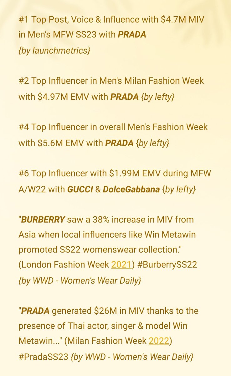 Win Metawin's Worldwide impact in the Fashion Industry 👏🏻👏🏻👏🏻

Fashion Tastemaker and Global Superstar indeed 🔥🔥🔥

#winmetawin @winmetawin 
#Prada #PradaSS23 #PradaSymbole
#Burberry #BurberrySS22
#Gucci #DolceGabbana 
#ExquisiteGUCCI