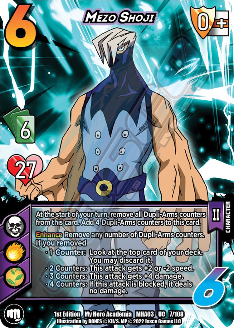 UniVersusCCG's tweet photo. Greetings, Heroes!

We're continuing the reveals for the upcoming third set of the My Hero Academia CCG, Heroes Clash! 

Mezo Shoji takes the stage in this newest set! https://t.co/u4rokkfyB9