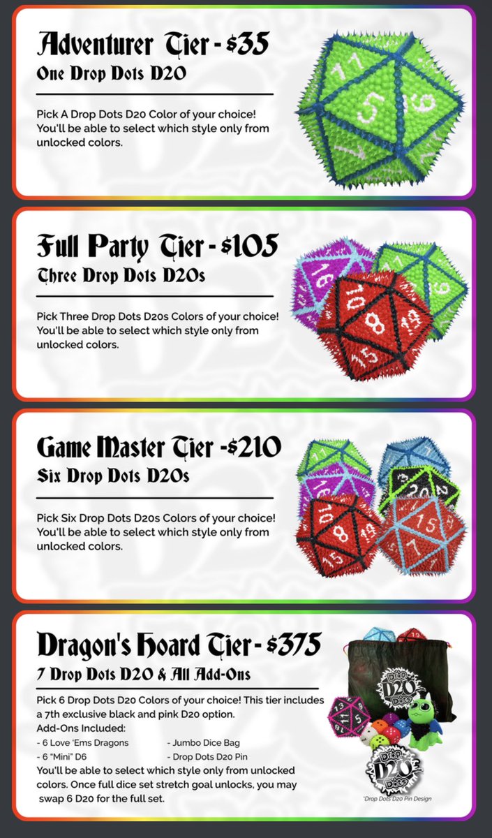 Kesswylie's tweet image. These are the tiers, stretch goals, and day 1 specials for the Dropdot D20 Kickstarter! Aiming for 20k to start but if we hit 40k we can do all 6 classic RPG dice! If you back on day 1 you get a glow in the dark treatment and $5 off each die! Link in thread🧵! #kickstarter #dice