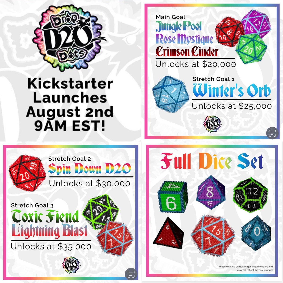 Kesswylie's tweet image. These are the tiers, stretch goals, and day 1 specials for the Dropdot D20 Kickstarter! Aiming for 20k to start but if we hit 40k we can do all 6 classic RPG dice! If you back on day 1 you get a glow in the dark treatment and $5 off each die! Link in thread🧵! #kickstarter #dice