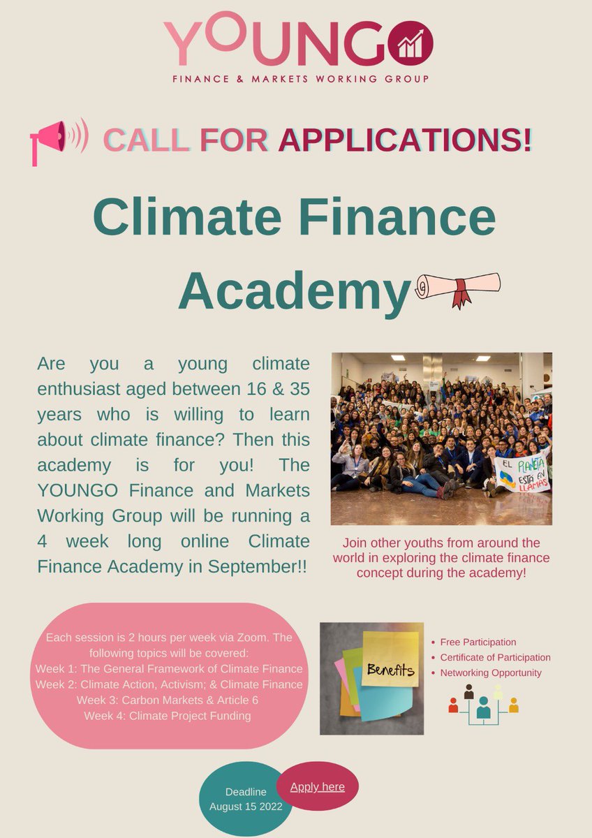 youngo_unfccc's tweet photo. YOUNGO Finance and Markets Working Group is bringing a youth led and youth dedicated academy for you.  

Join us for the very first Climate Finance Academy for Youth in September 2022. 

Stay tuned: for updates on our collaborators and speakers list. https://t.co/zozWc6e7tT