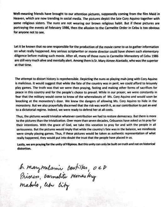 Official Statement of the Carmelite Nuns of Cebu 

"We are praying for the unity of Filipinos. But this unity can only be built on truth and not on historical distortion."
