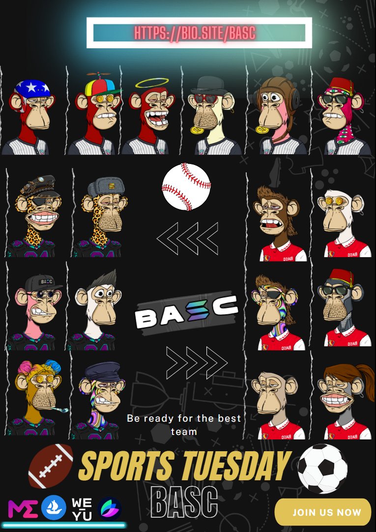 SygnalBASC's tweet photo. BASC is going with a new event for this week's Tuesday Slot. We are going to roll with Sports Tuesday where every Bored Ape Solana Club with a Football (Eu and NA) or Baseball jersey can join. Winner gets up to 0.5 sol reimbursement for sports related purchases.

@BoredApeSolClub https://t.co/SYqE9sD63a