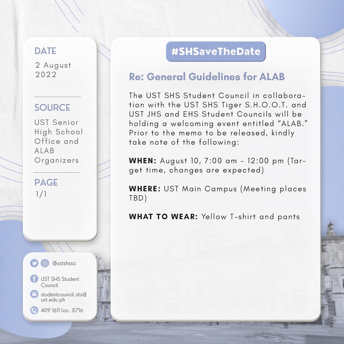 ustshssc's tweet photo. RE: General Guidelines for ALAB

Please be guided accordingly.

#SHSaveTheDate https://t.co/4KPNHbCbRV