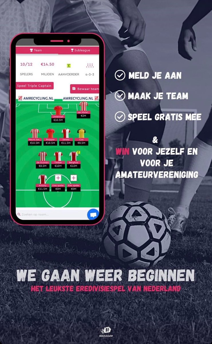 FffManager's tweet photo. Speel jij mee met het leukste eredivisie spel van Nederland?
https://t.co/VkTxF2ZEBT
#Voetbal #eredivisie #Ajax #PSV #Feyenoord https://t.co/hyDEYEMKOK