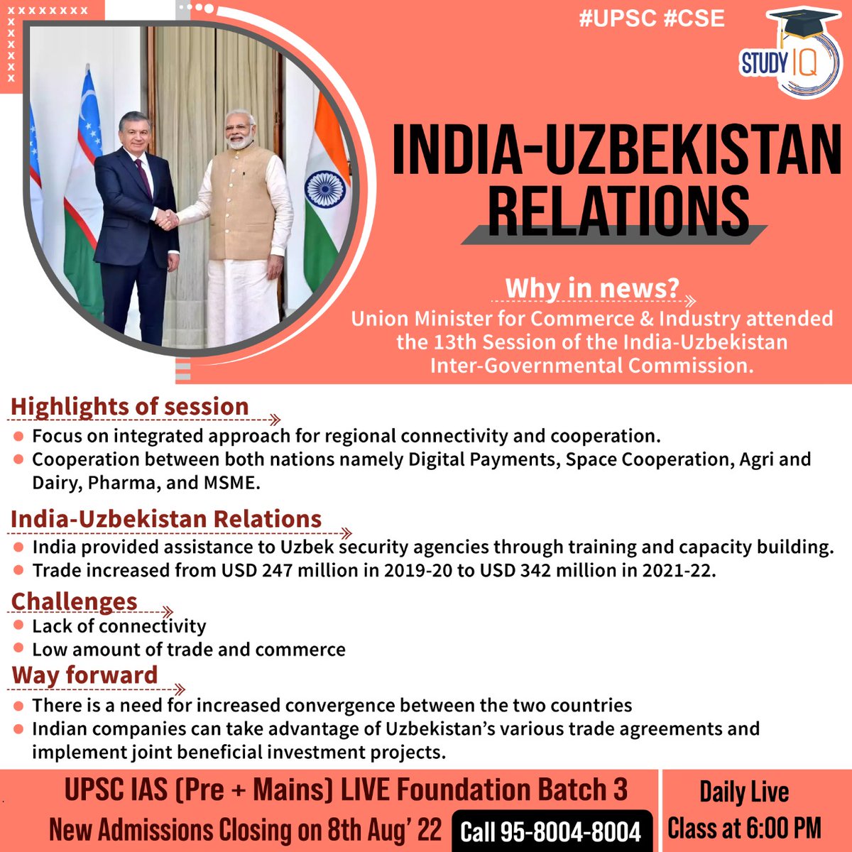 #India- #Uzbekistan Relations 

#indiauzbekistanrelations #relations #upsc #cse #whyinnews #digitalpayments #spacecooperation #trade #india #uzbeksecurityagencies #daity #pharma #MSME #tradeagreements #investmentprojects