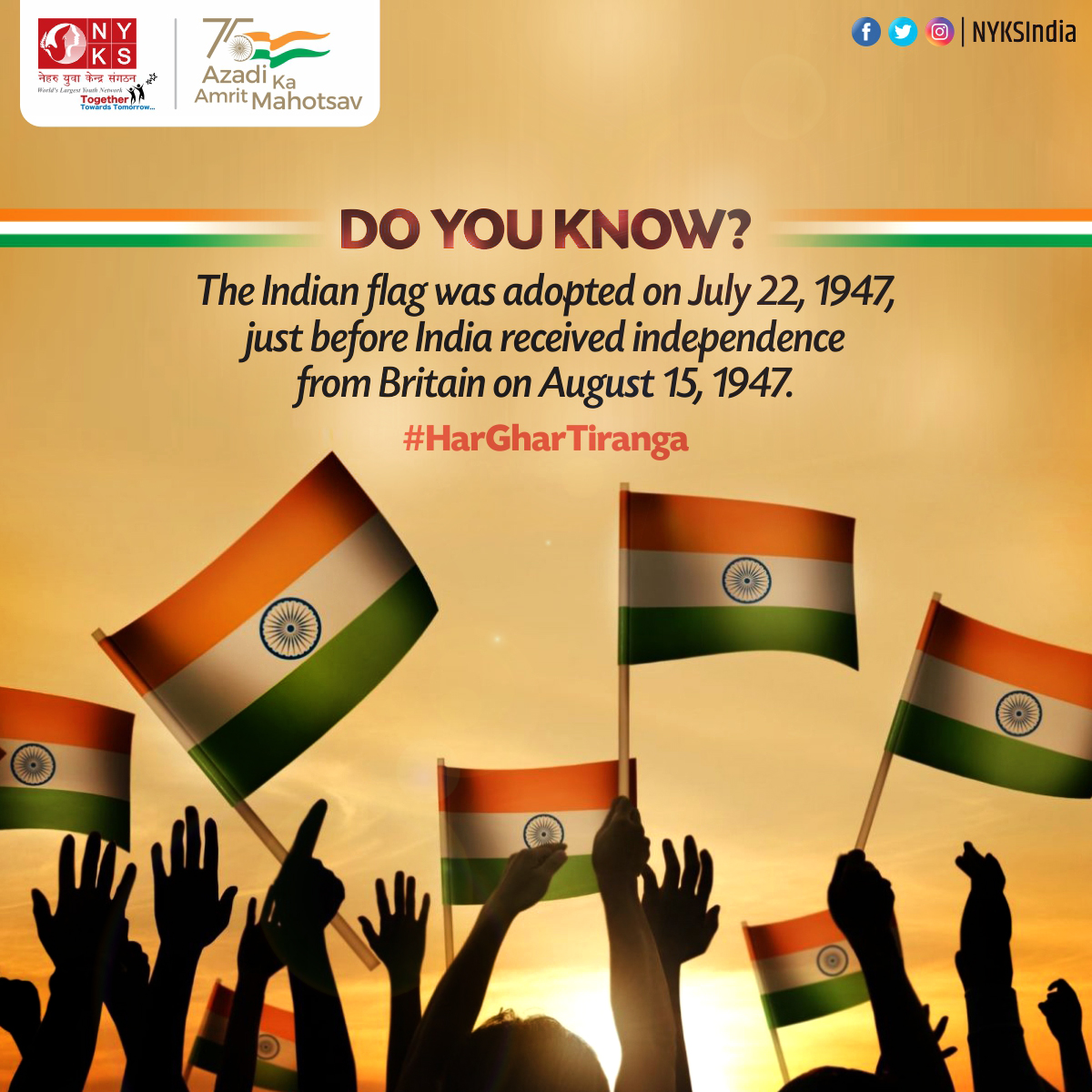 Three quarters of a century ago on this day, July 22, in 1947, the Constituent Assembly of India adopted the National Flag.

#nationalflag #Tiranga #jaihind #HarGharTirangaCampaign #Fact #DoYouKnow