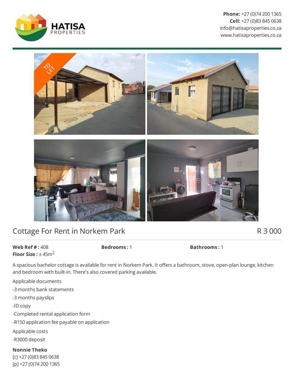Hatisa_'s tweet photo. A spacious bachelor cottage is available for rent in Norkem Park🏡
https://t.co/QfM2vQ1eQM
#Hatisaproperties #Hatisa #Properties #property #Realestate #estateagency #realestateagent #rent #landlord #tenant #Norkempark #Kemptonpark #ekurhuleni #Tembisa https://t.co/YmGnP7hYag