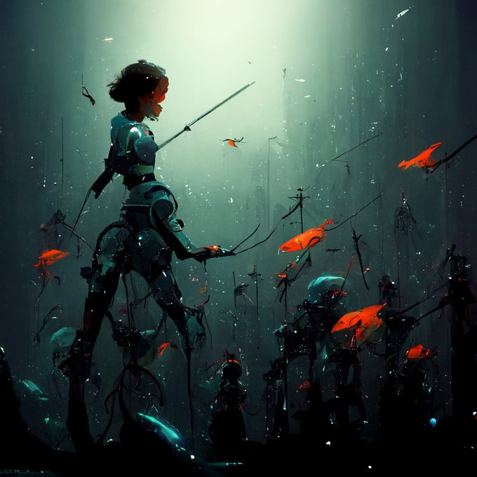 AIが描いてくれた、魚の軍団と戦うサイボーグ少女の絵。かっけえ。 